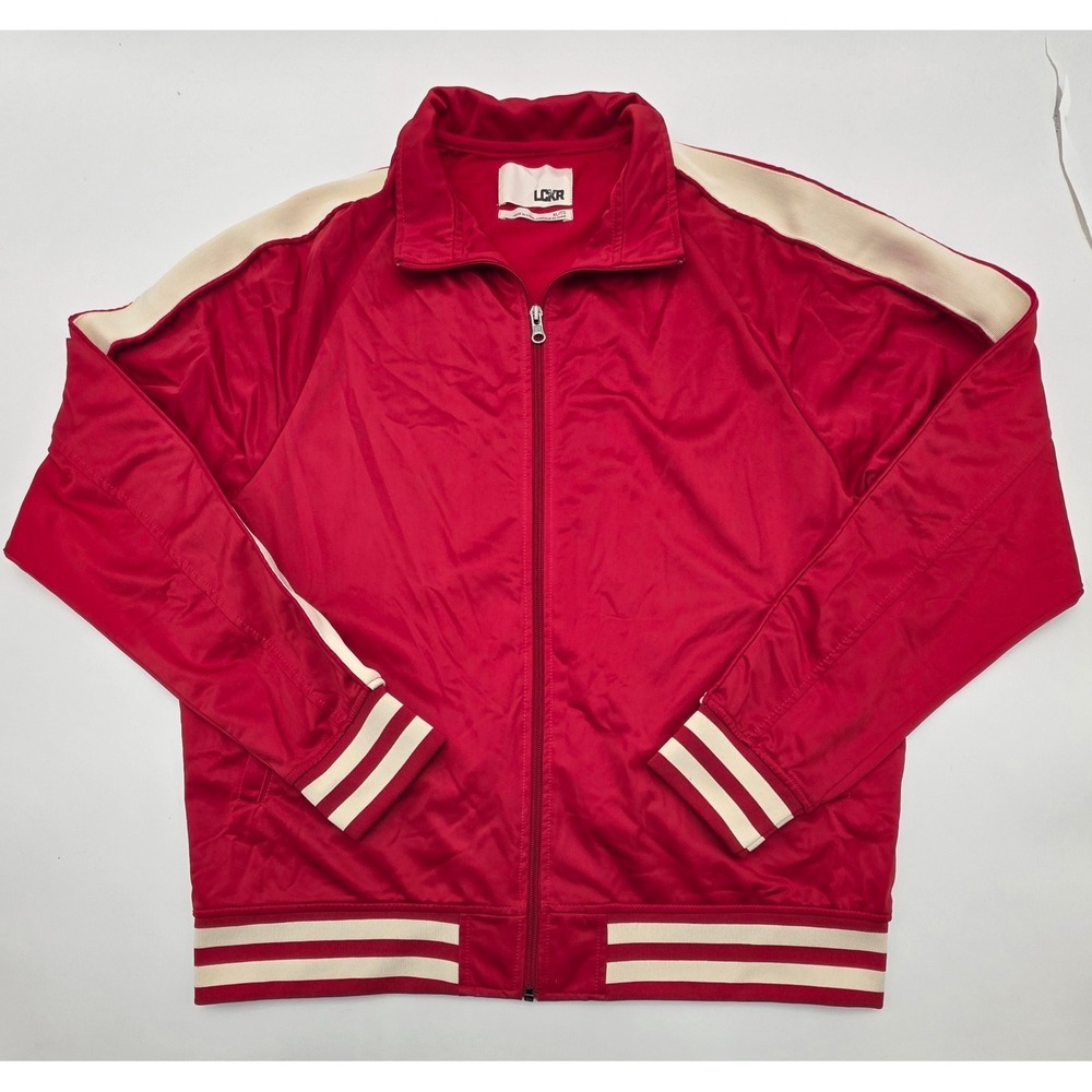 LCKR Jacket Mens Track Athletic Sport Coat Full Zip Red Scarlett W Stripes